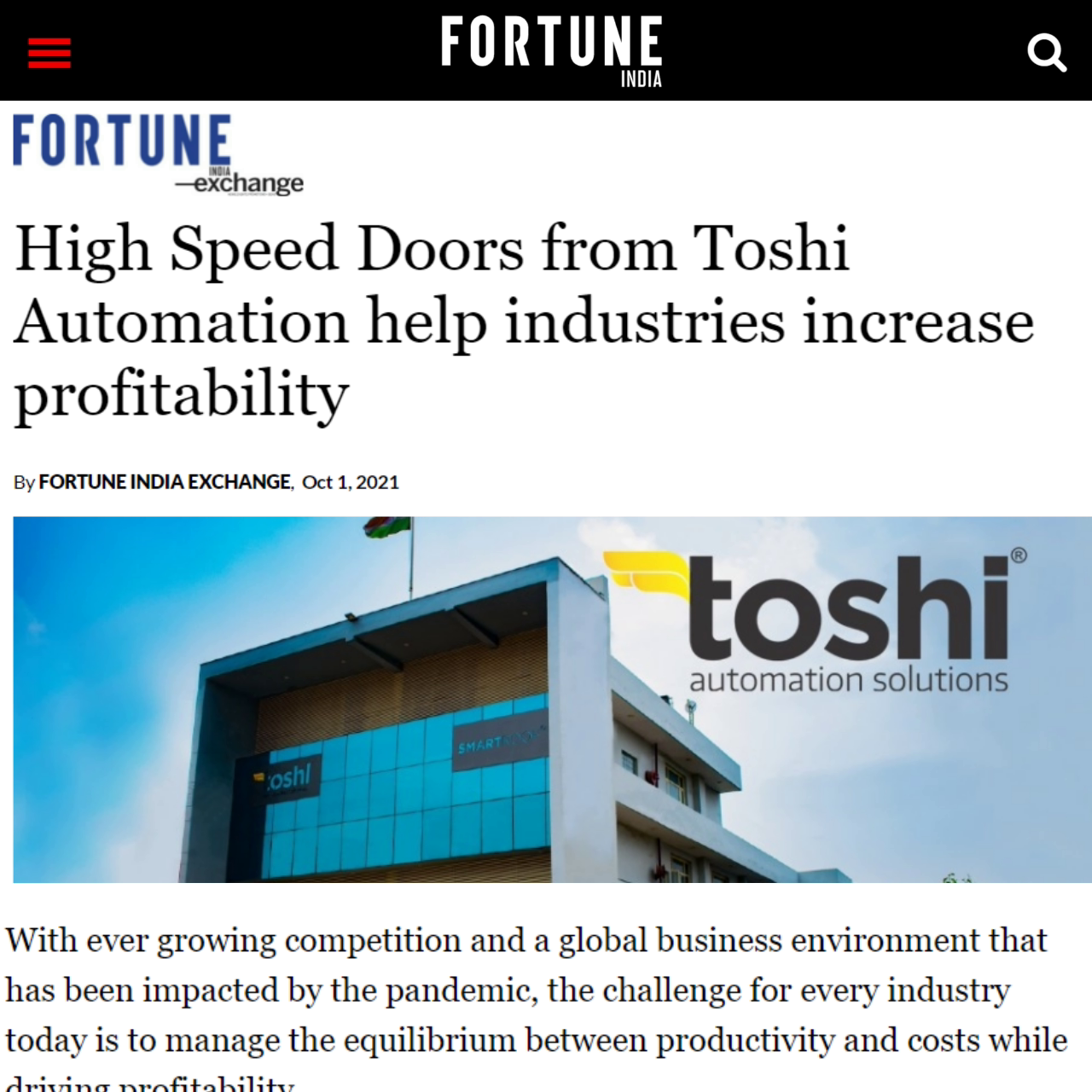 FORTUNE INDIA PUBLISHED AN ARTICAL ON TOSHI HIGH SPEED DOORS